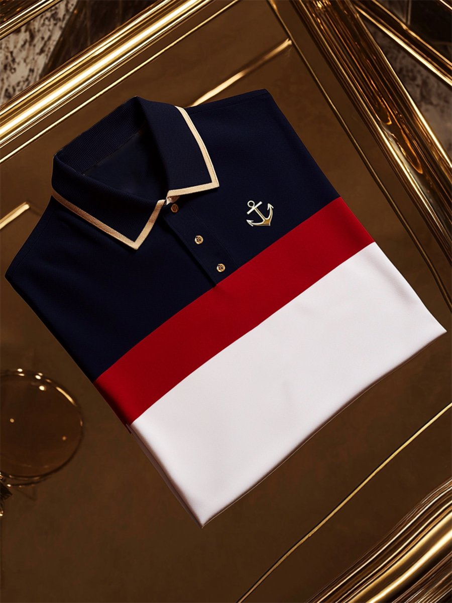 Men's Casual Business Stripe Print Button-Down Short Sleeve Polo Shirt