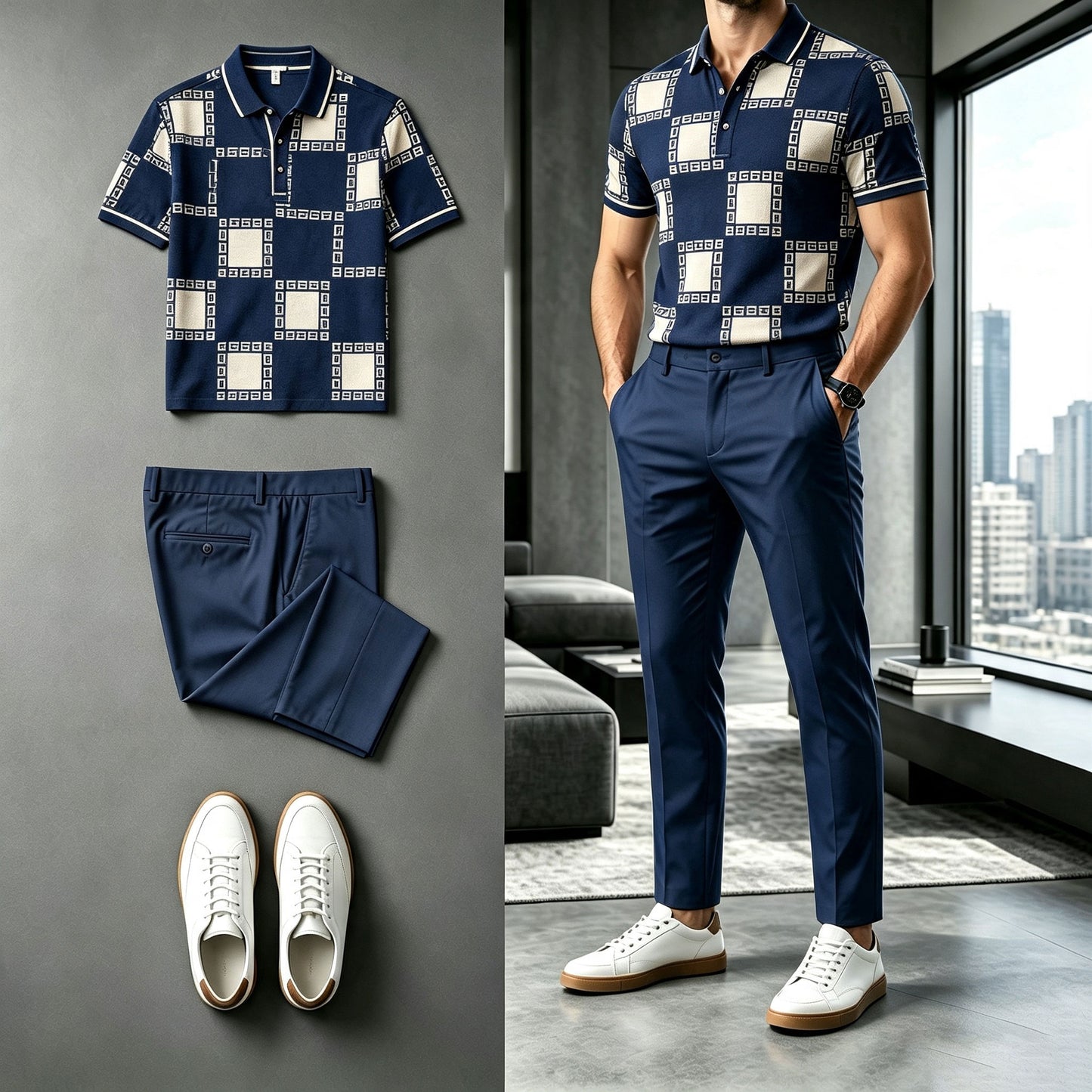 Men's Checkered Short-Sleeve Polo Shirt and Pants Set
