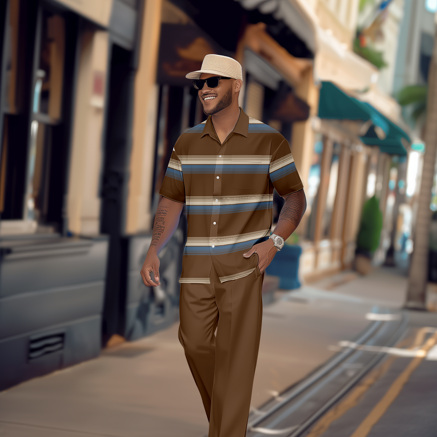 Men's Gorgeous Color Block Short Sleeve Shirt Walking Suit 1176