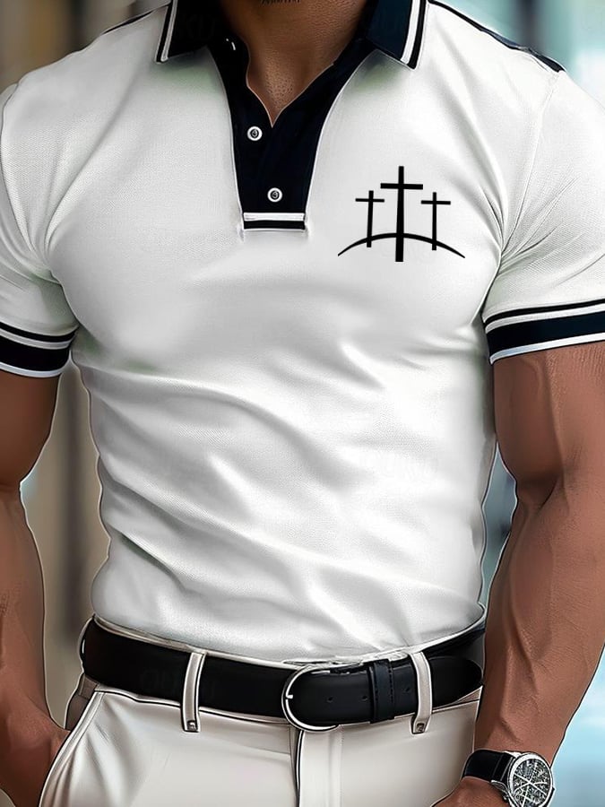 Men's Retro Faith Design Printed Comfortable And Breathable Casual Polo Shirt
