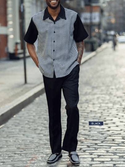 Mens Walking Suits Black Checkered Design Short Sleeve Mens Leisure Suits