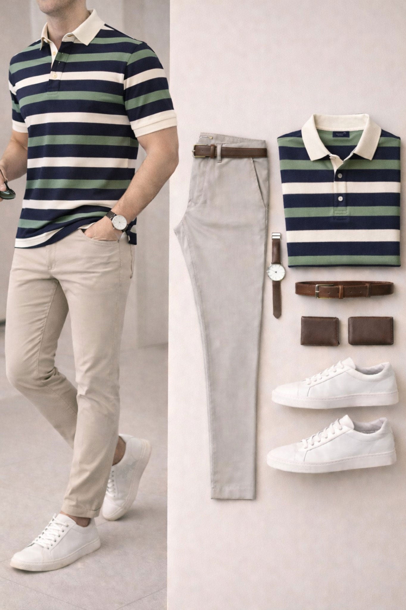 Men's Casual Multi Green Color Striped Printed Polo Collar Top & Pants Two-Piece Set