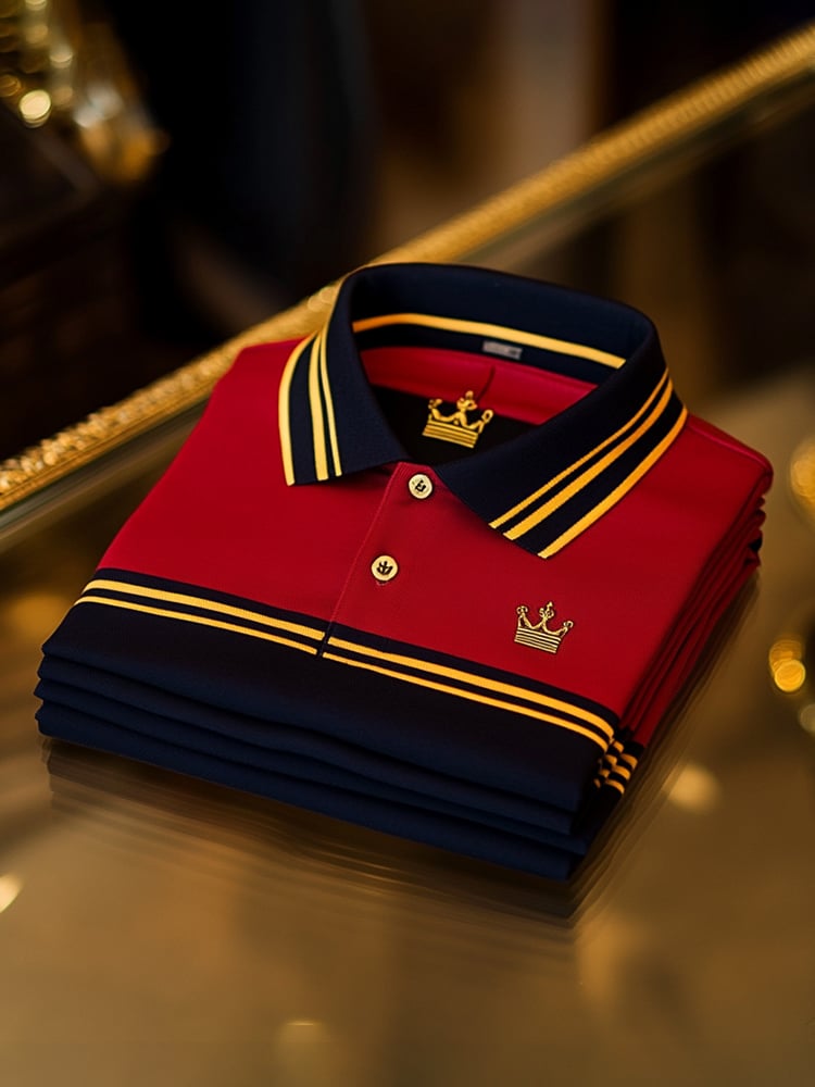 Men's Classic Business Check Logo Button Short Sleeve Polo Shirt