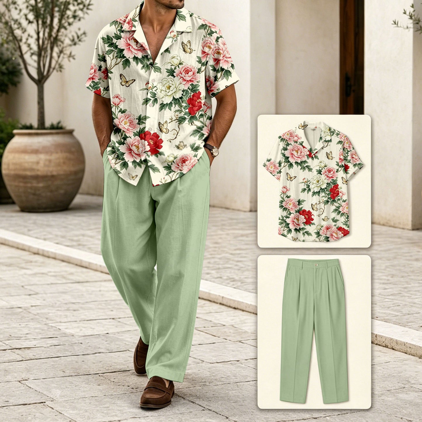 Men's Casual Color-Blocked Geometric Print Short-Sleeved Shirt And Trousers Two-Piece Set