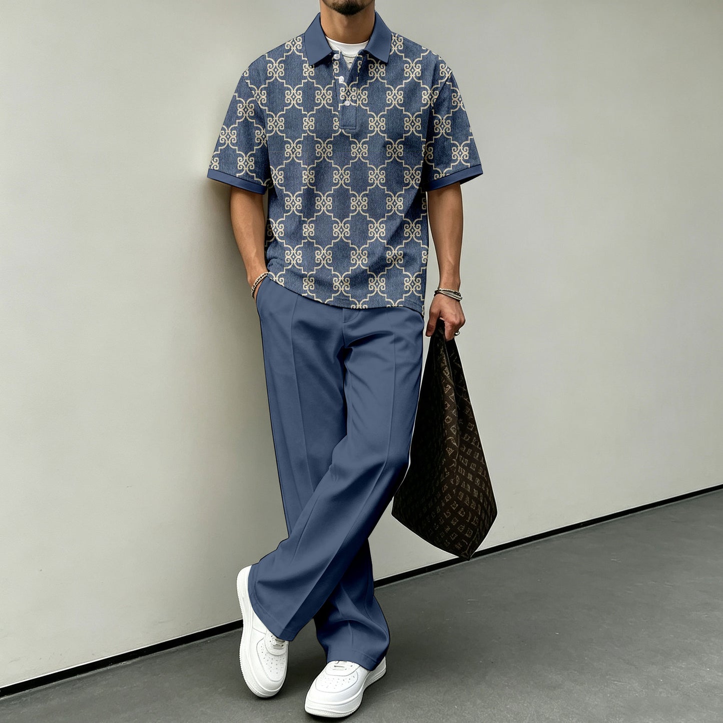 Men's Retro Swastika-Print Short-Sleeve Polo Shirt and Pants Set