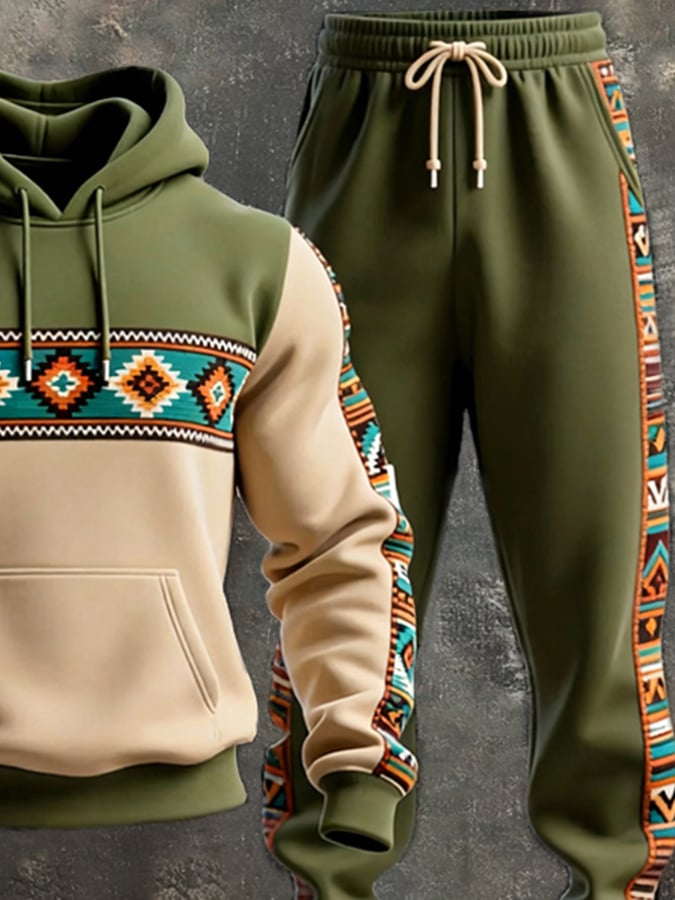 Men's Retro Distressed Contrast Color Hooded Casual Sweatshirt Set