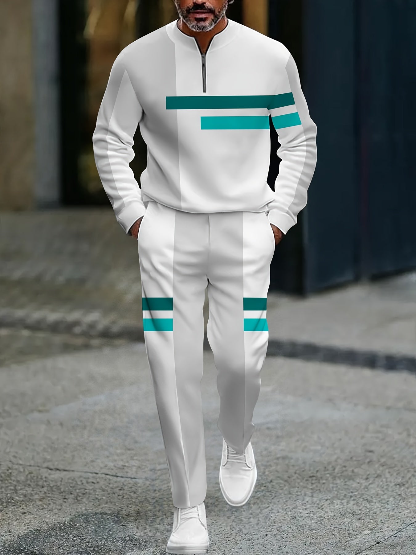 Men's Casual Gray & White Color Matching Striped Printed Round-Neck Zipper Long Sleeved Trousers Two-Piece Set