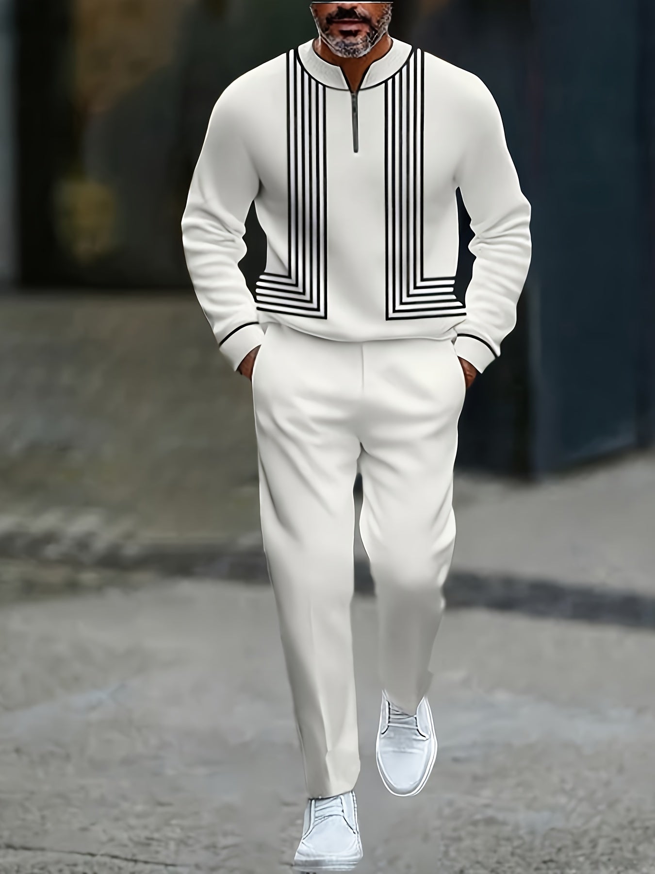 Men's Casual Color Matching Printed Round-Neck Zipper Long Sleeved Trousers Two-Piece Set