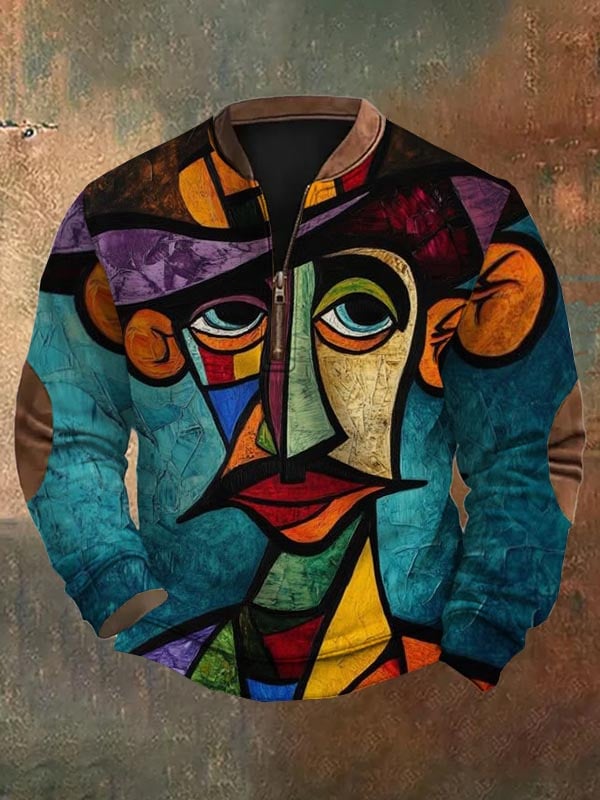 Men's Fashion Casual Art Geometric Print Zipper Neck Sweatshirt