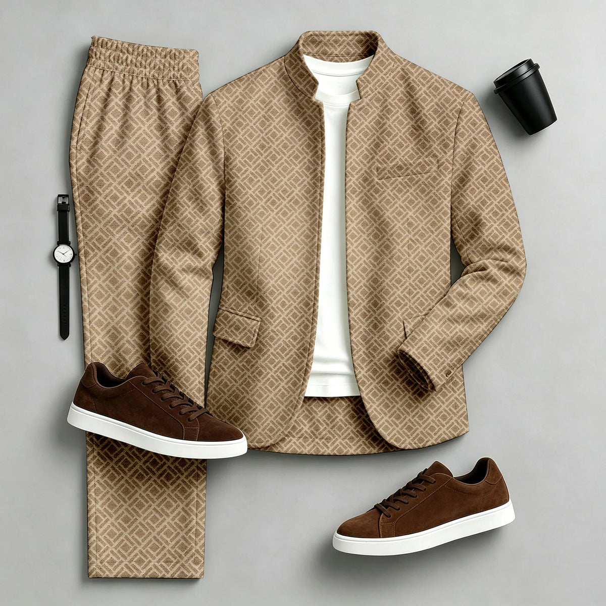 Men's Printed Stand-Collar Jacket and Pants Set