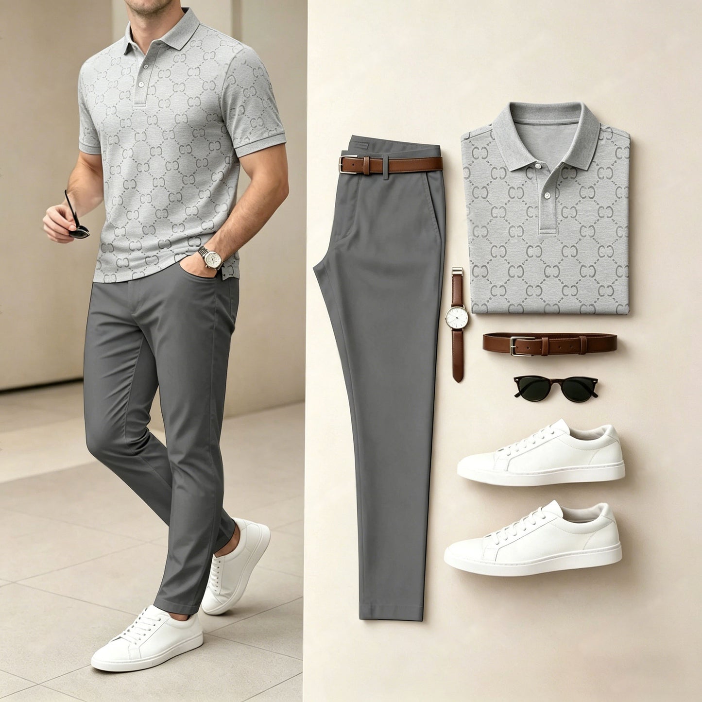 Men's Casual Gray Plaid Printed Polo Shirt And Pants Two-Piece Set
