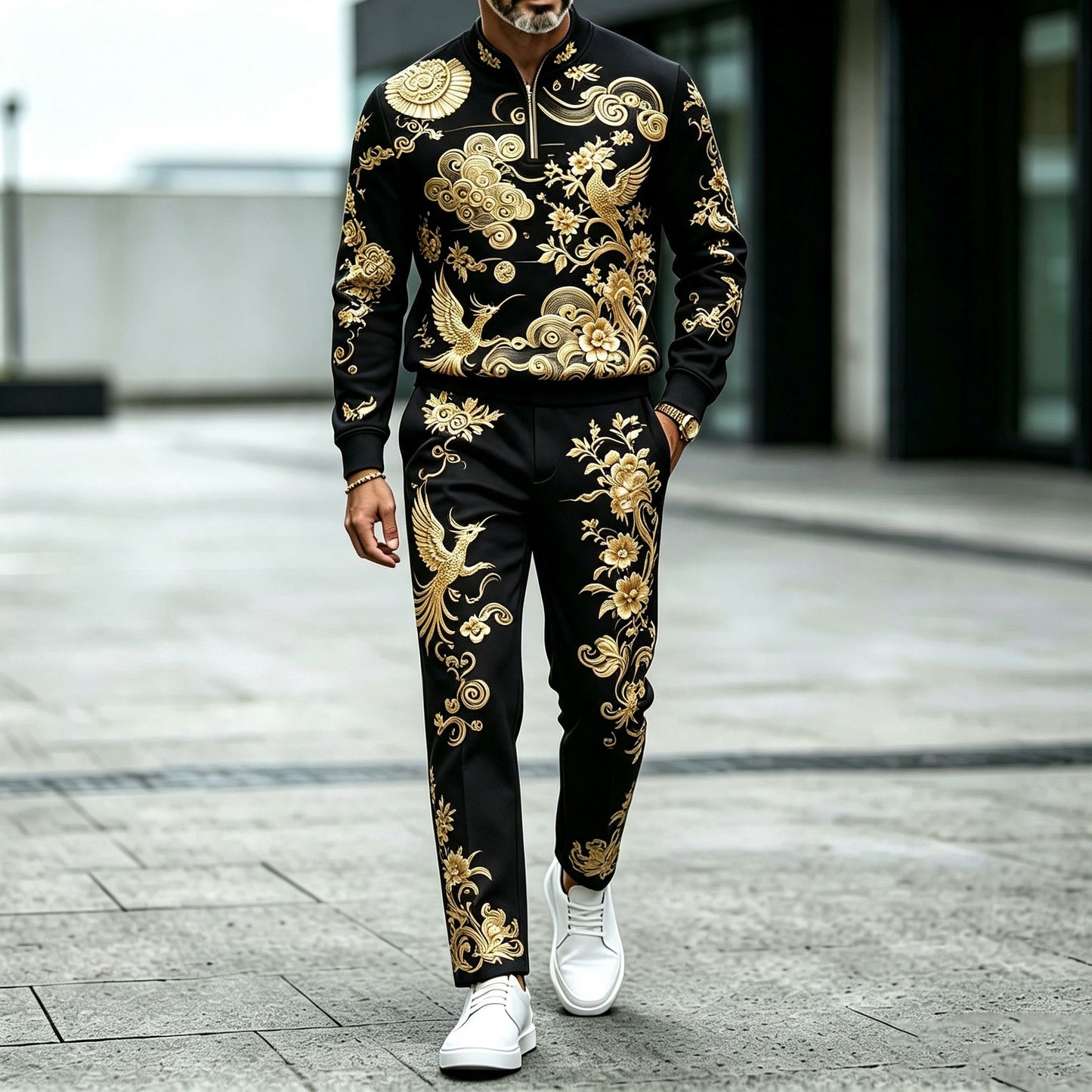 Men's Two-Tone Round-Neck Zipper Long-Sleeve Shirt and Pants Set