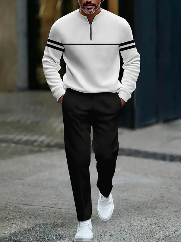 Men's Casual Color Matching Printed Round-Neck Zipper Long Sleeved Trousers Two-Piece Set