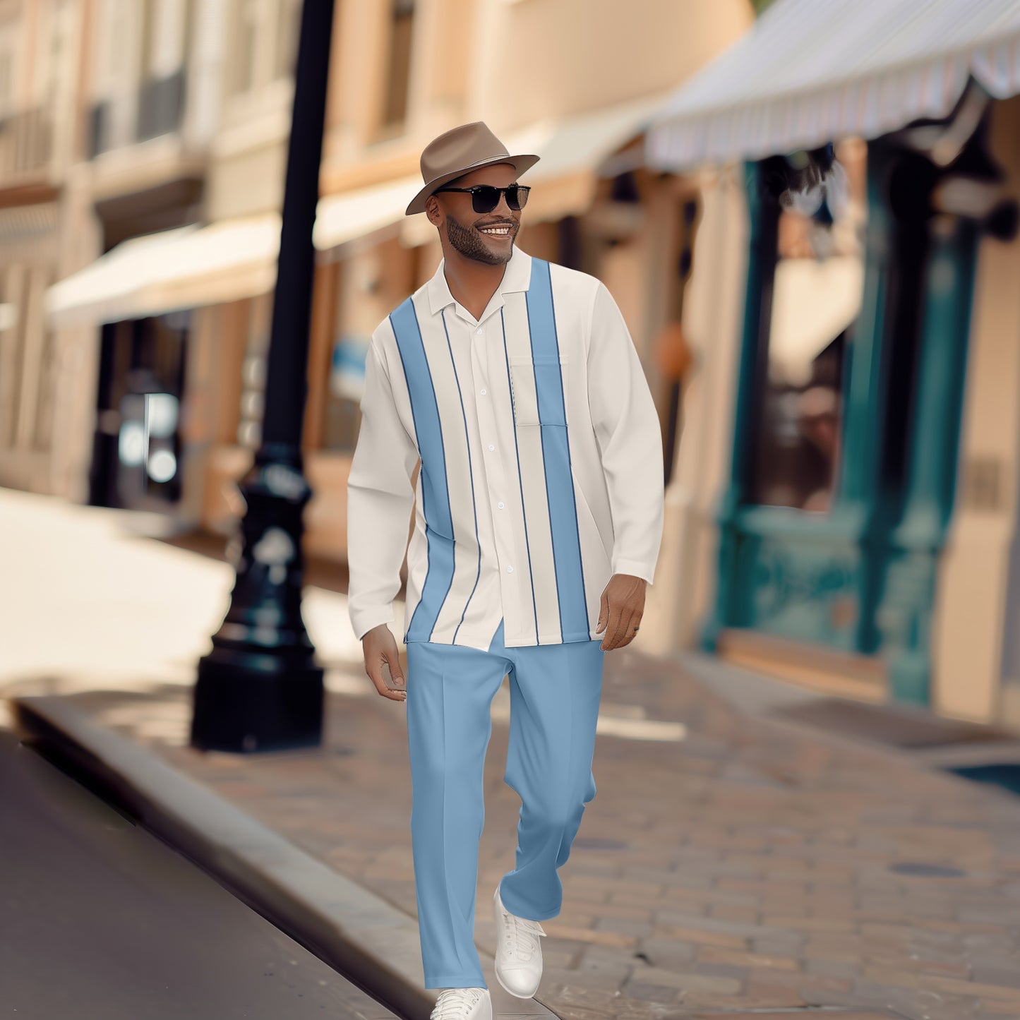 Men's Colorblock Printed Long Sleeve Shirt Casual Walking Suit 1471