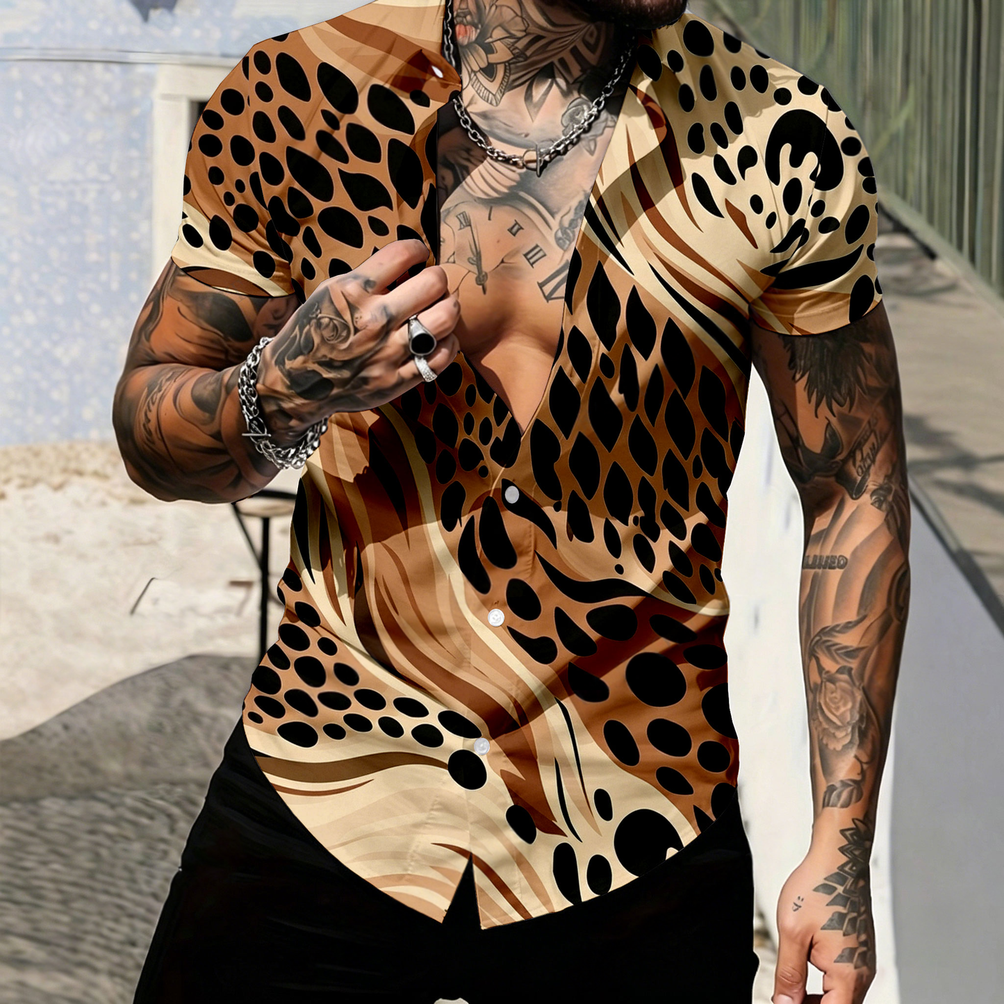 Men's Casual Short-Sleeve Shirt With Leopard Print