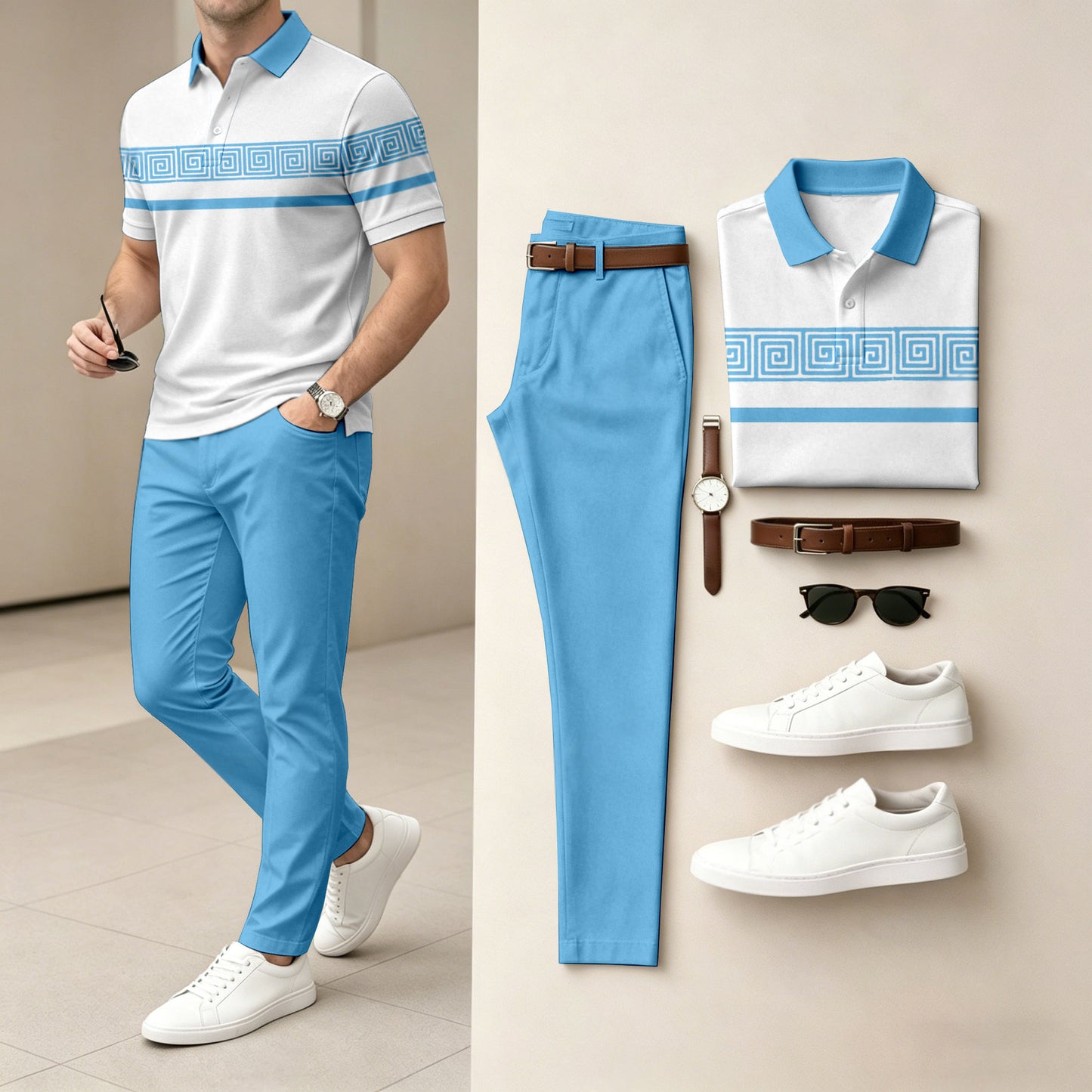 Men's Casual Geometric Print Short-Sleeve Polo Shirt And Pants Set (Excludes Accessories Such As Watches And Belts)