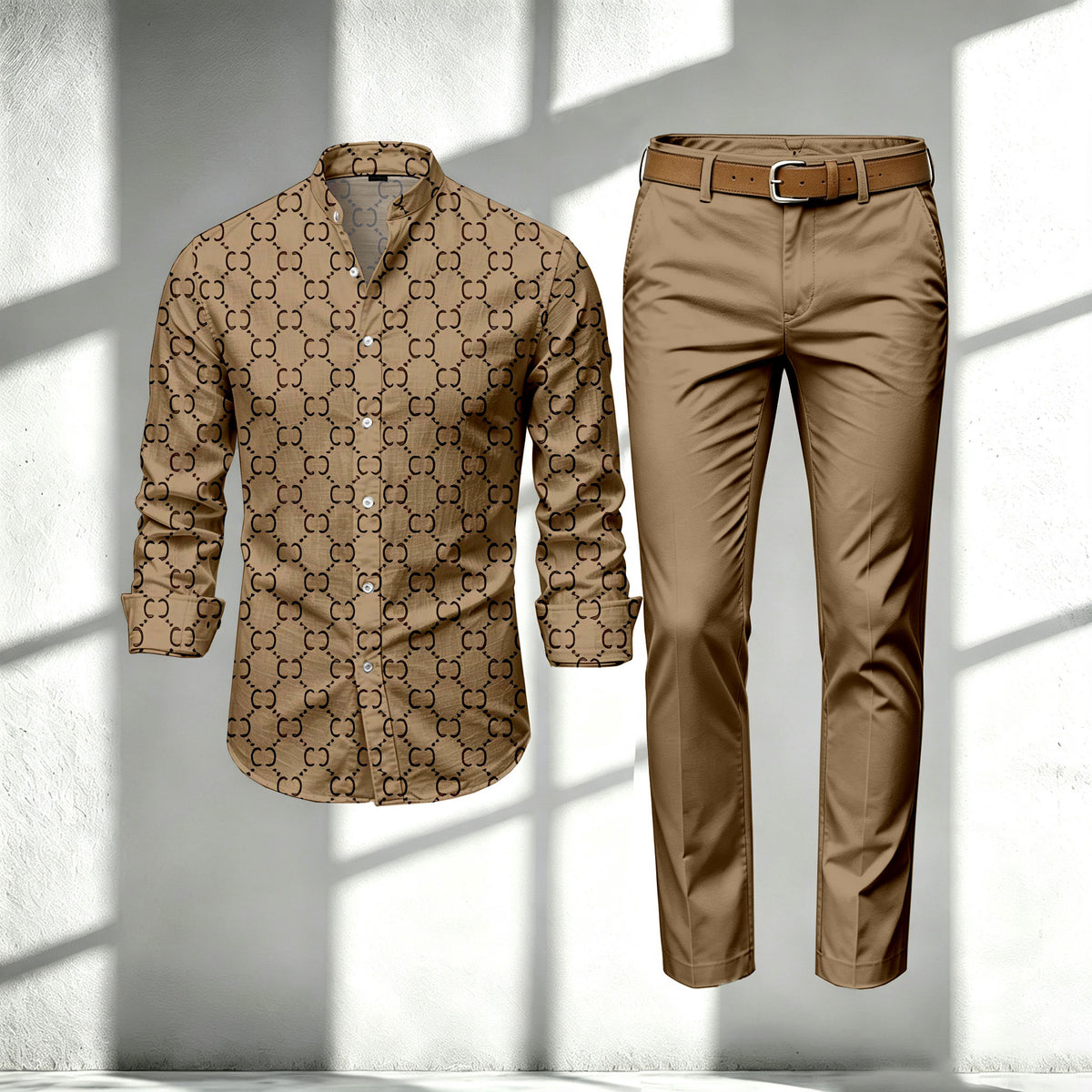 Men's Brown Stand-Collar Long-Sleeve Shirt and Pants Set