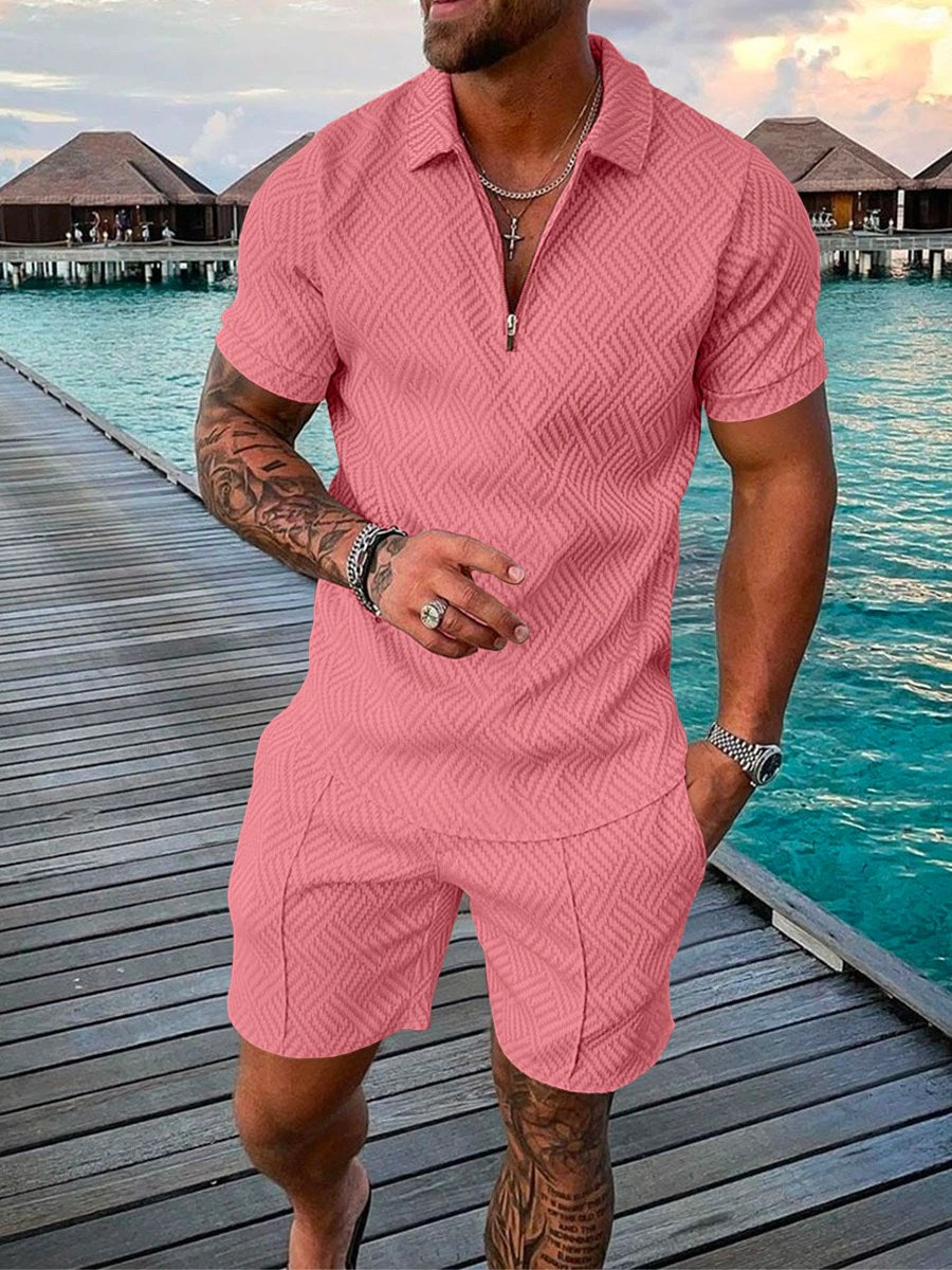 Men's Casual Solid Short Sleeve Polo Shirt Suit