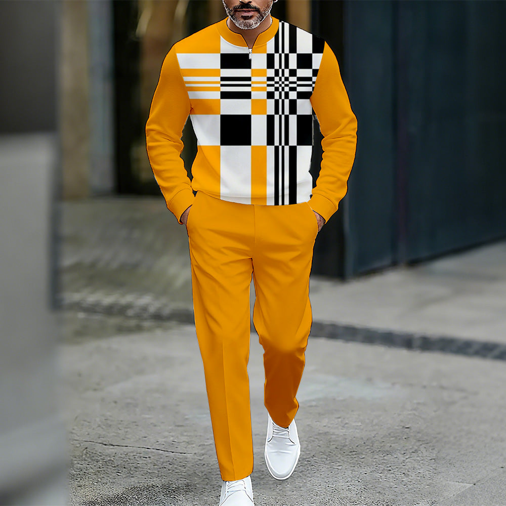 Men's Casual Color Matching Printed Round-Neck Zipper Long Sleeved Trousers Two-Piece Set