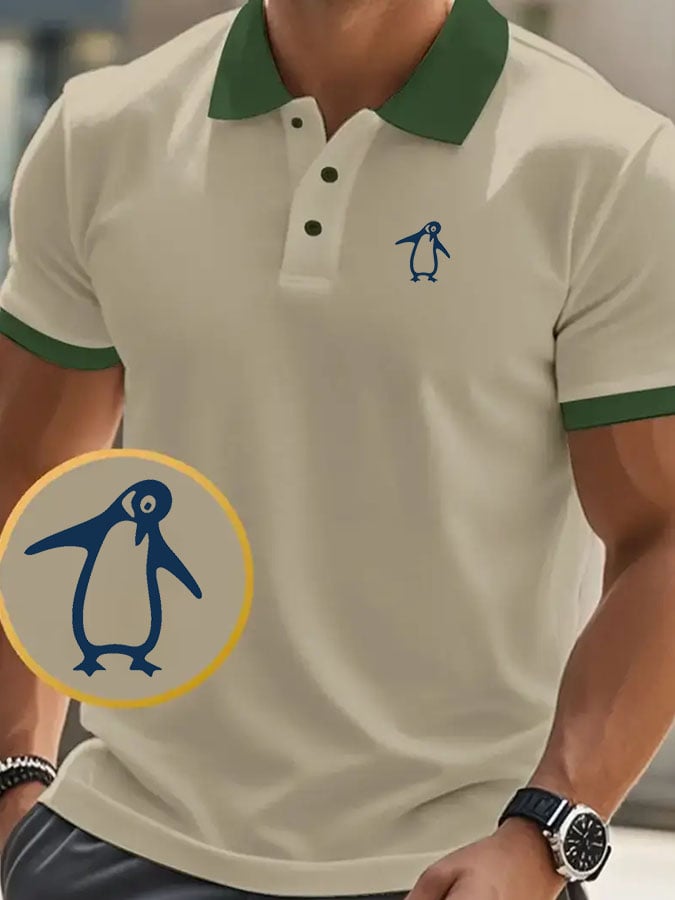 Men's classic casual polo shirt with penguin print