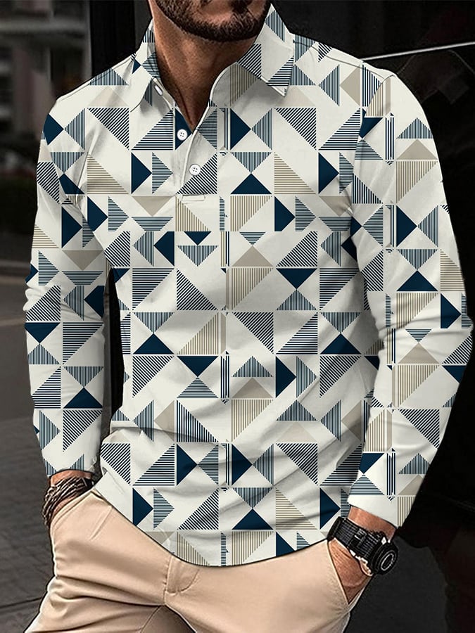 Men's Business Style Geometric Print Long Sleeve Polo