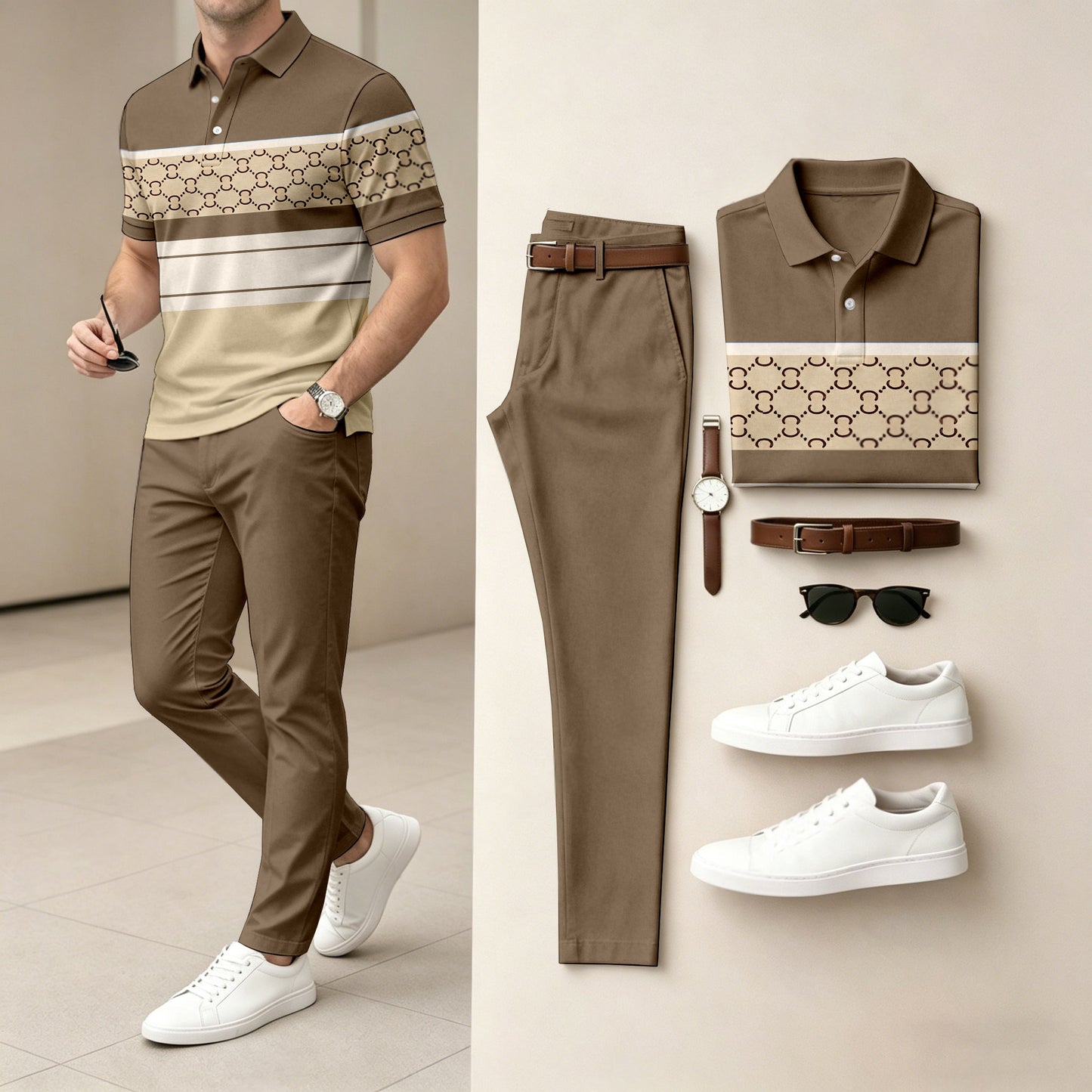 Men's Casual Khaki Plaid Printed Polo Shirt And Pants Two-Piece Set