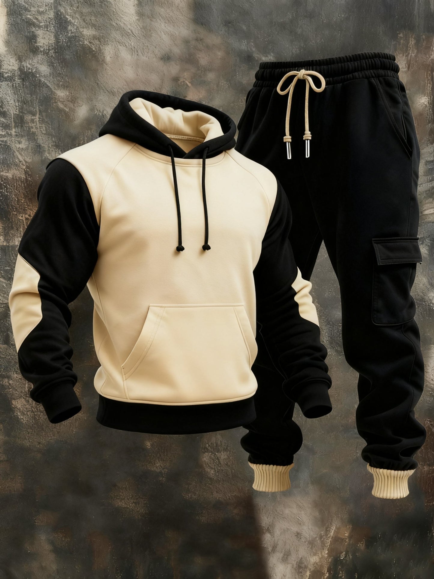 Men's Retro Stitching Contrast Color Hooded Casual Sweatshirt Suit