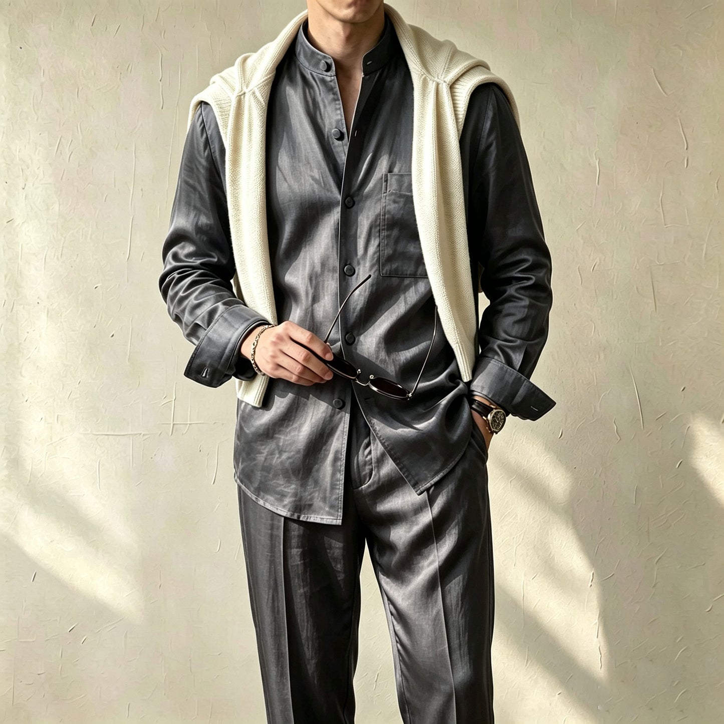 Men's Casual Solid-Color Printed Stand-Collar Long-Sleeve Shirt and Pants Two-Piece Set