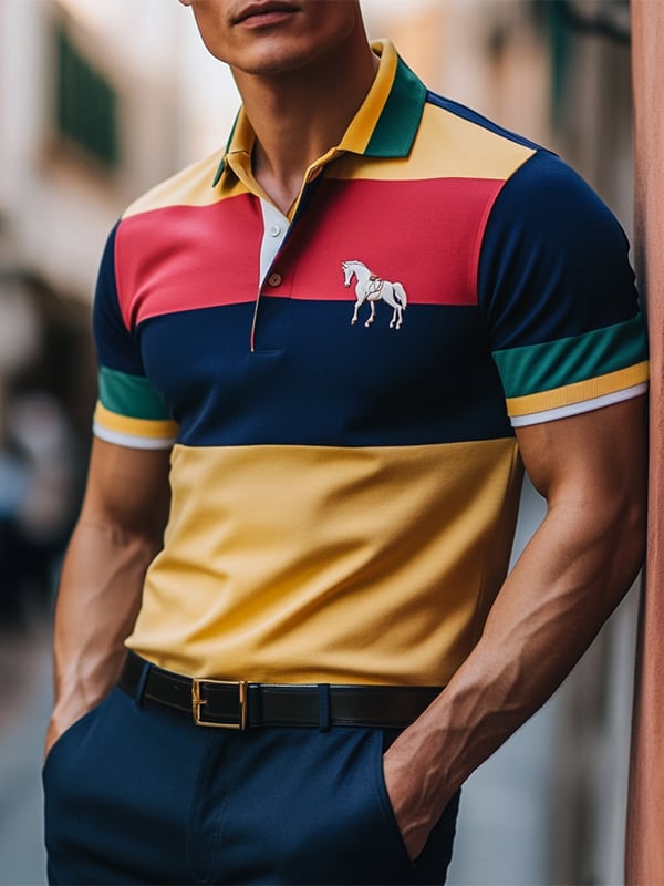 Men's Business Stripe Logo Button-Down Short Sleeve Polo Shirt