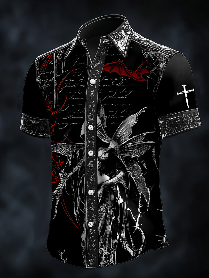 Men's Dark Skull Print Satin Short Sleeve Shirt
