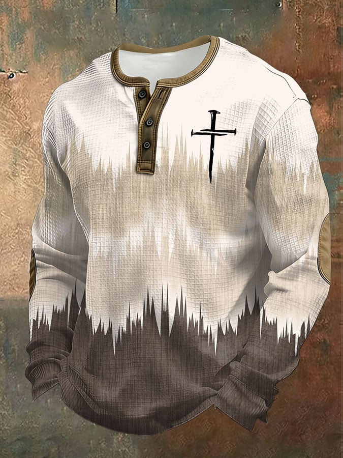 Men's Vintage Gradient Cross Print Waffle Fabric Henley Shirt