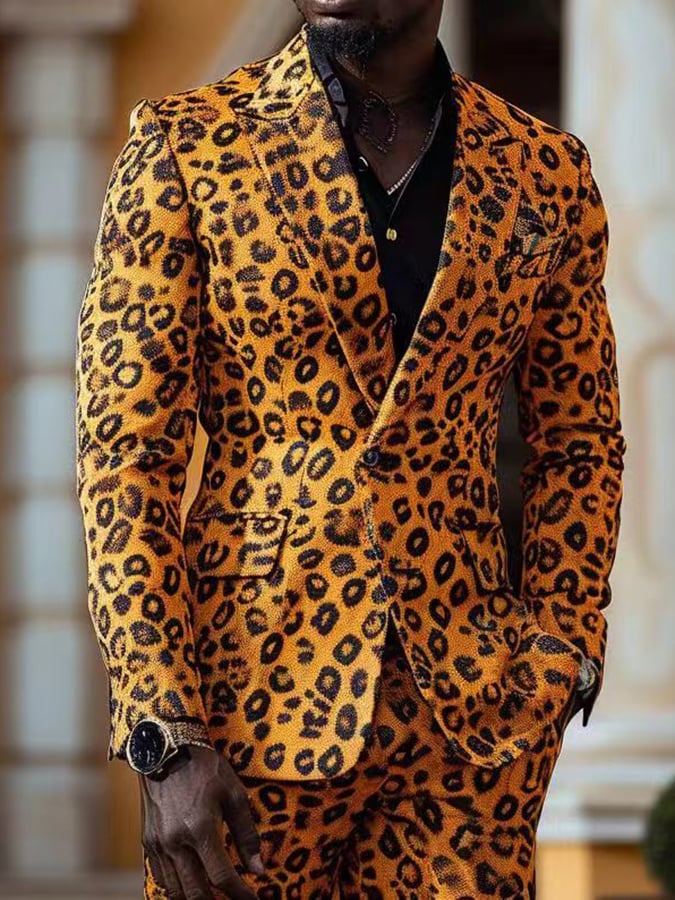 Men's Retro Single Breasted Leopard Gentleman Business Suit Jacket