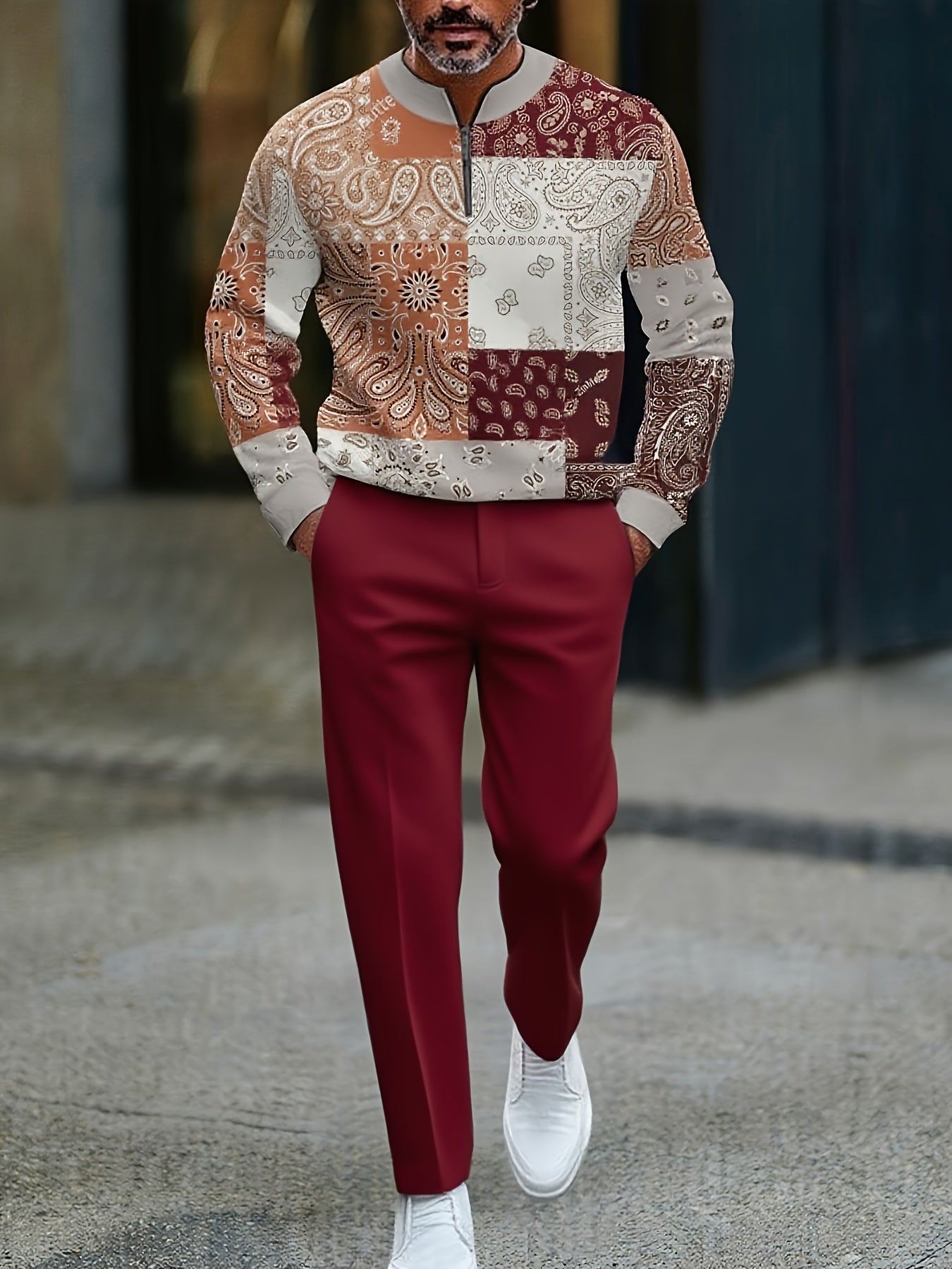 Men's Casual Color Matching Printed Round-Neck Zipper Long Sleeved Trousers Two-Piece Set