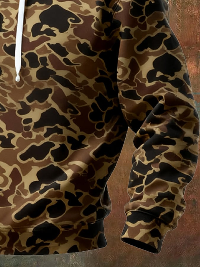 Men's Retro Distressed Color Block Camouflage Print Casual Long Sleeve Sweatshirt