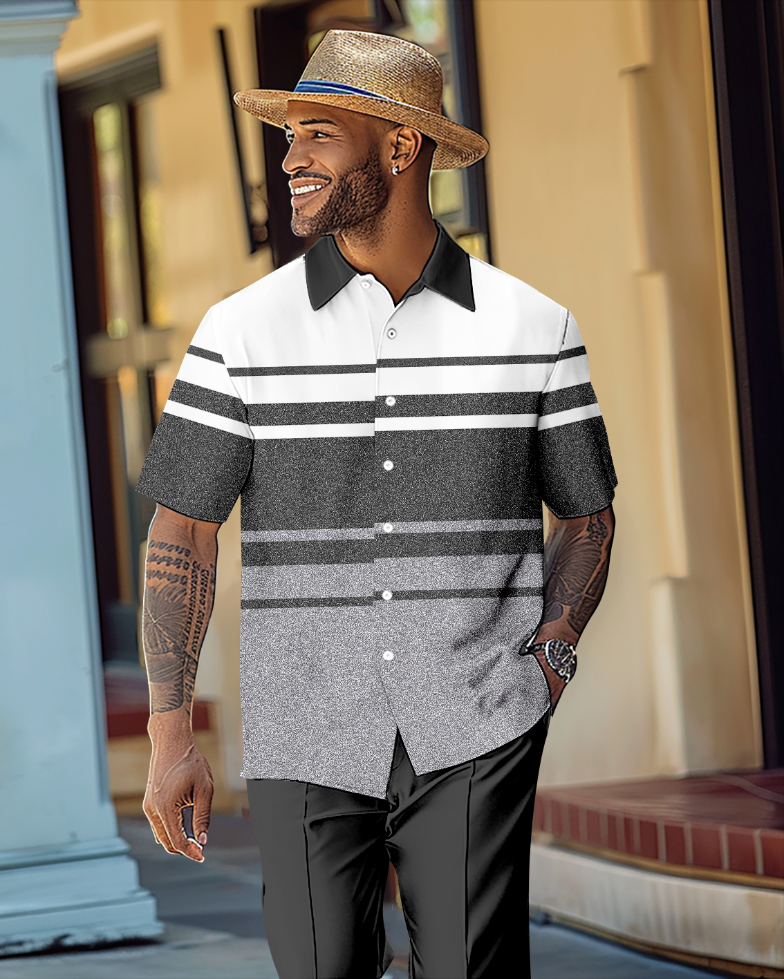 Men's Gradient Color Block Short Sleeve Shirt Walking Suit 1114