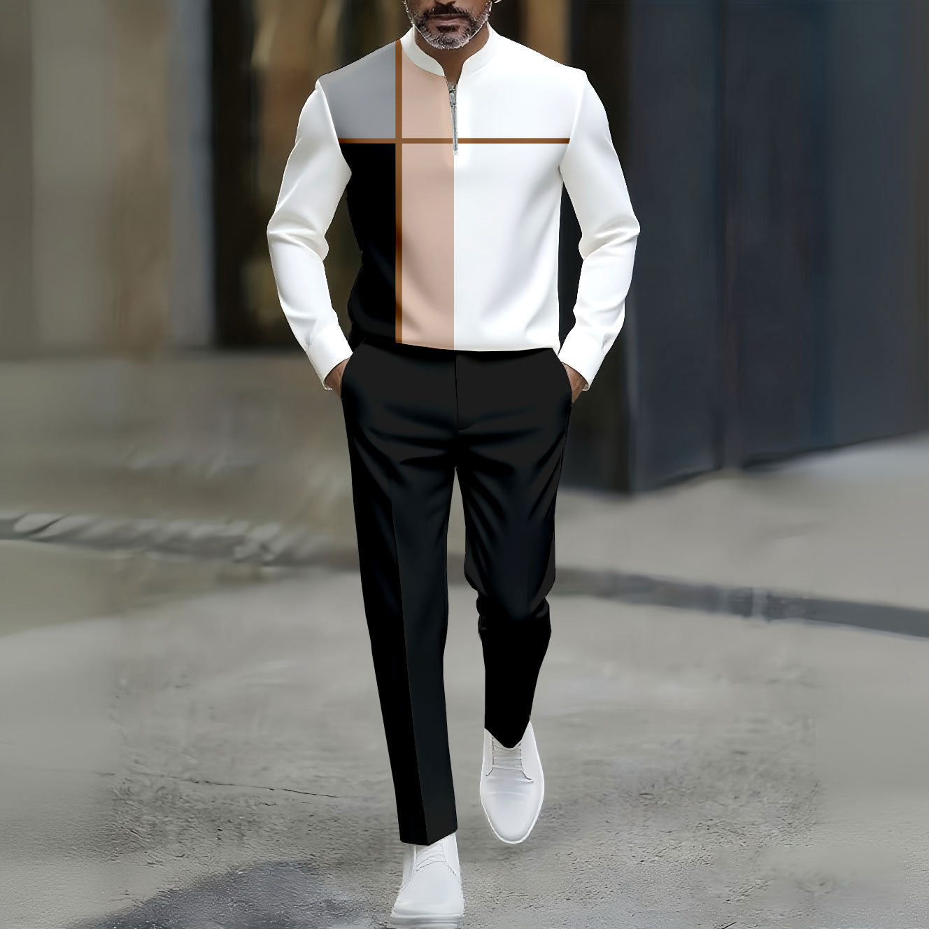 Men's Casual Black & White Color Matching Asymmetric Striped Printed Round-Neck Zipper Long Sleeved Trousers Two-Piece Set