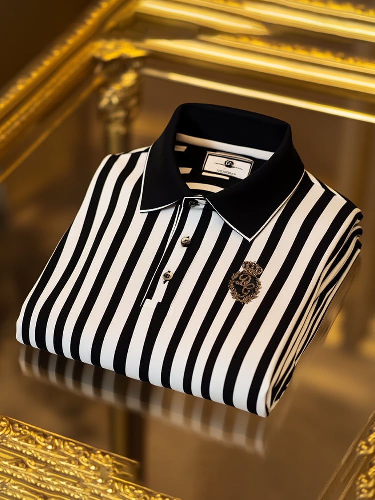 Men's Classic Business Check Logo Button Short Sleeve Polo Shirt