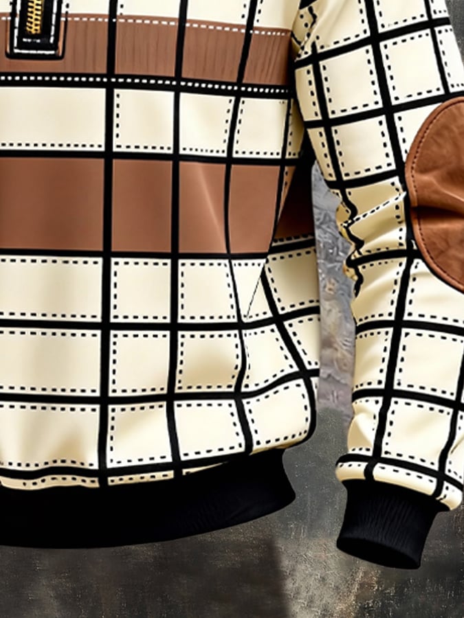 Men's Retro Color Block Print Zipper Sweatshirt
