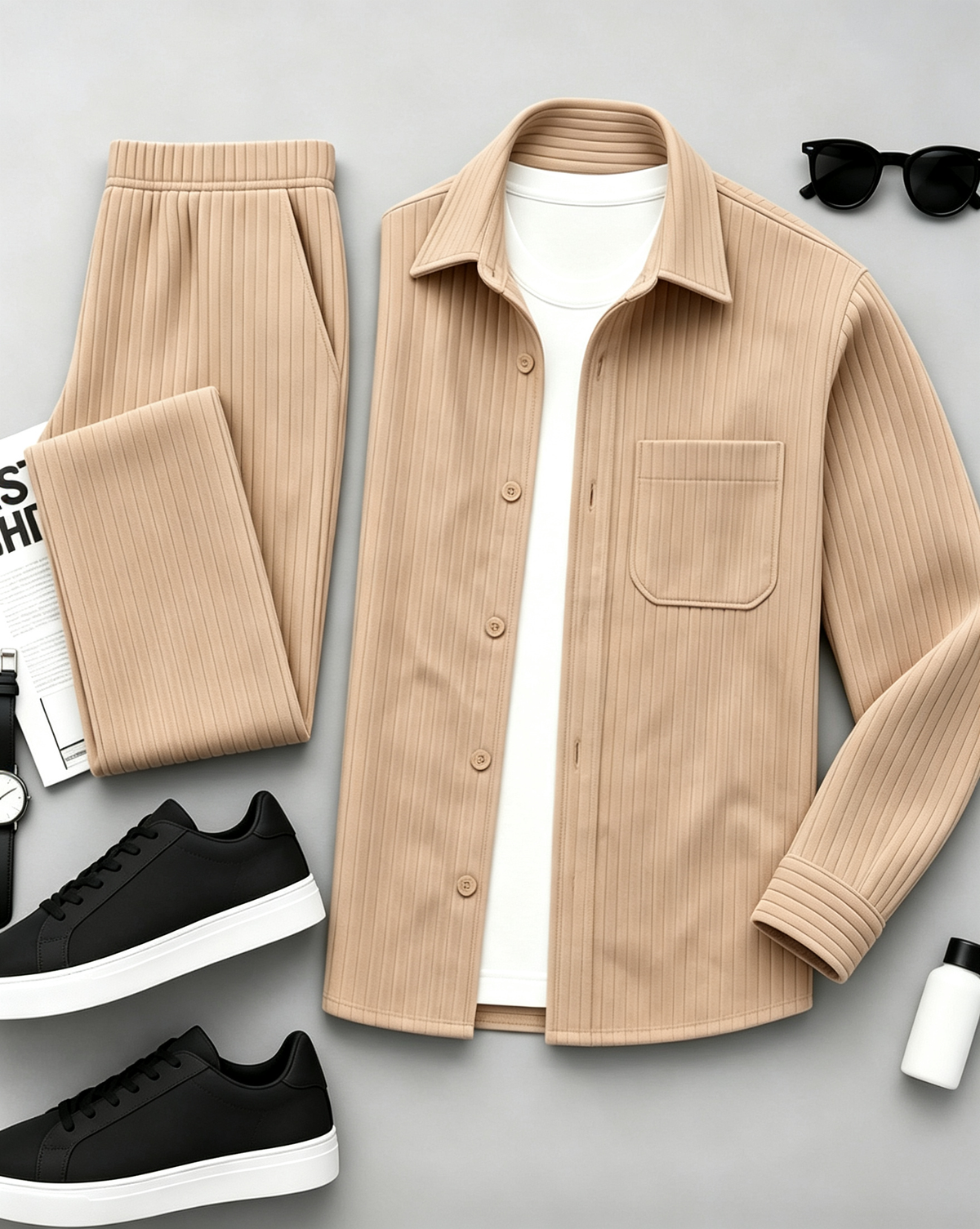 Men's Long-Sleeve Shirt and Pants Set with Subtle Patterns