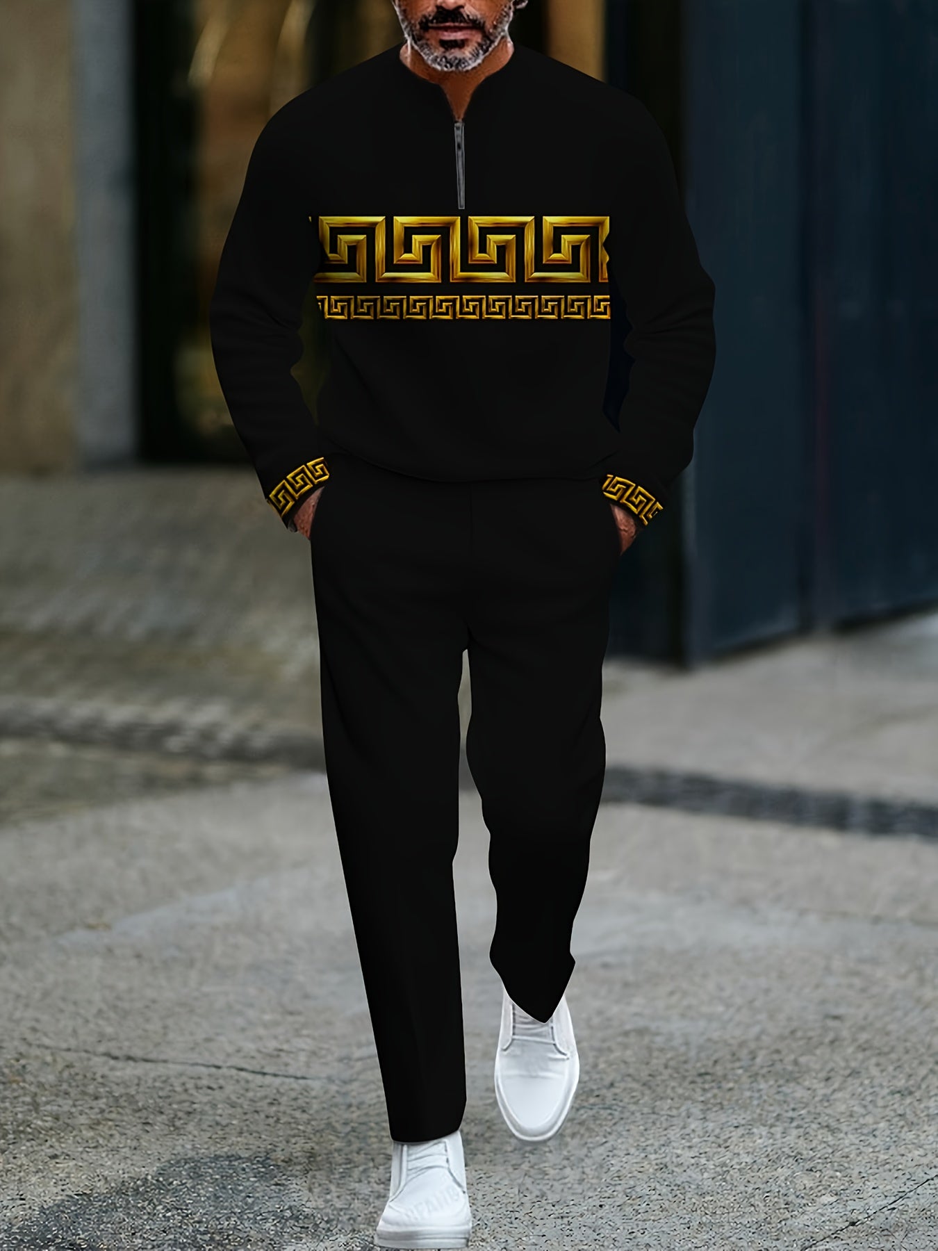 Men's Casual Color Matching Printed Round-Neck Zipper Long Sleeved Trousers Two-Piece Set