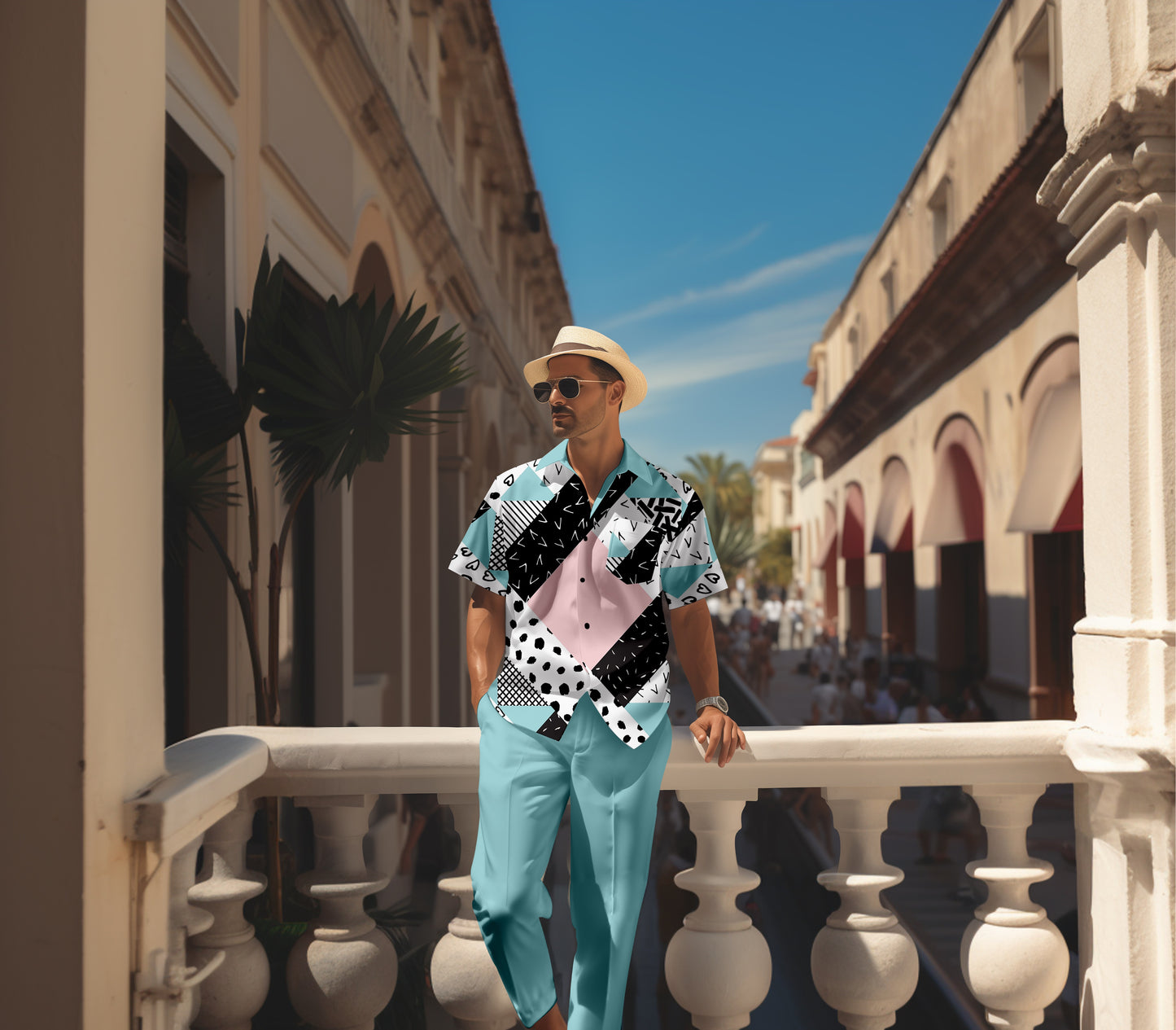 Men's retro colorblock short-sleeved shirt walking Suit 1701
