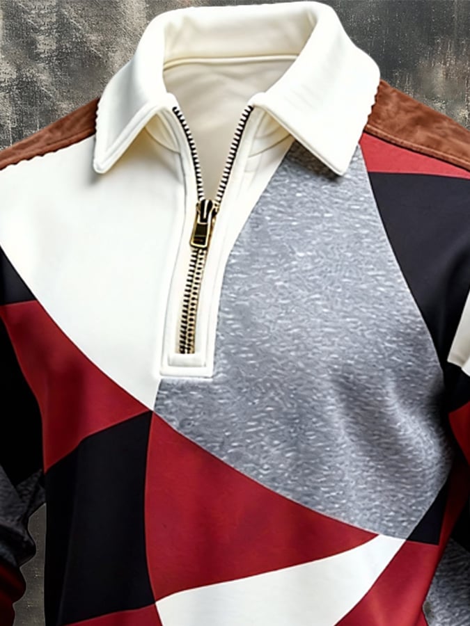 Men's Retro Color Block Print Zipper Sweatshirt