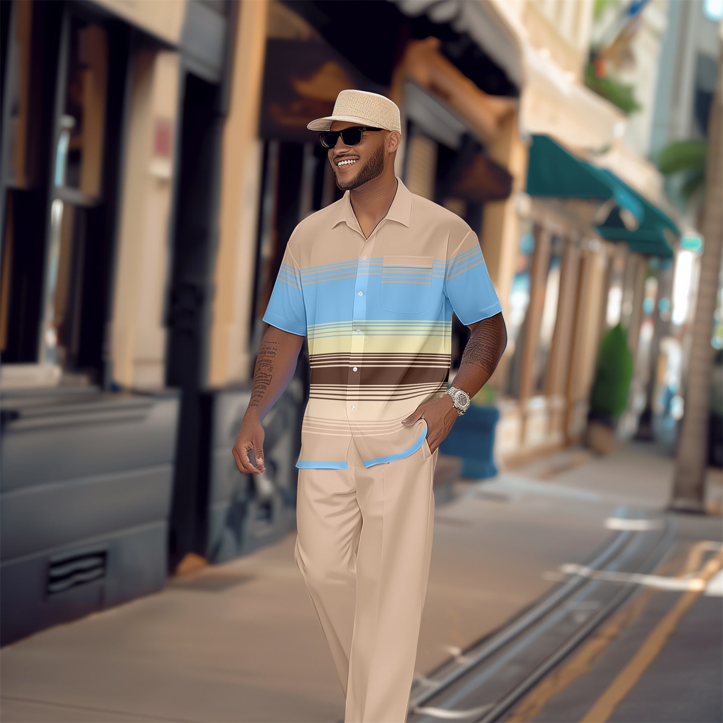 Men's Retro Plaid Colorblock Short Sleeve Shirt Walking Suit 1645