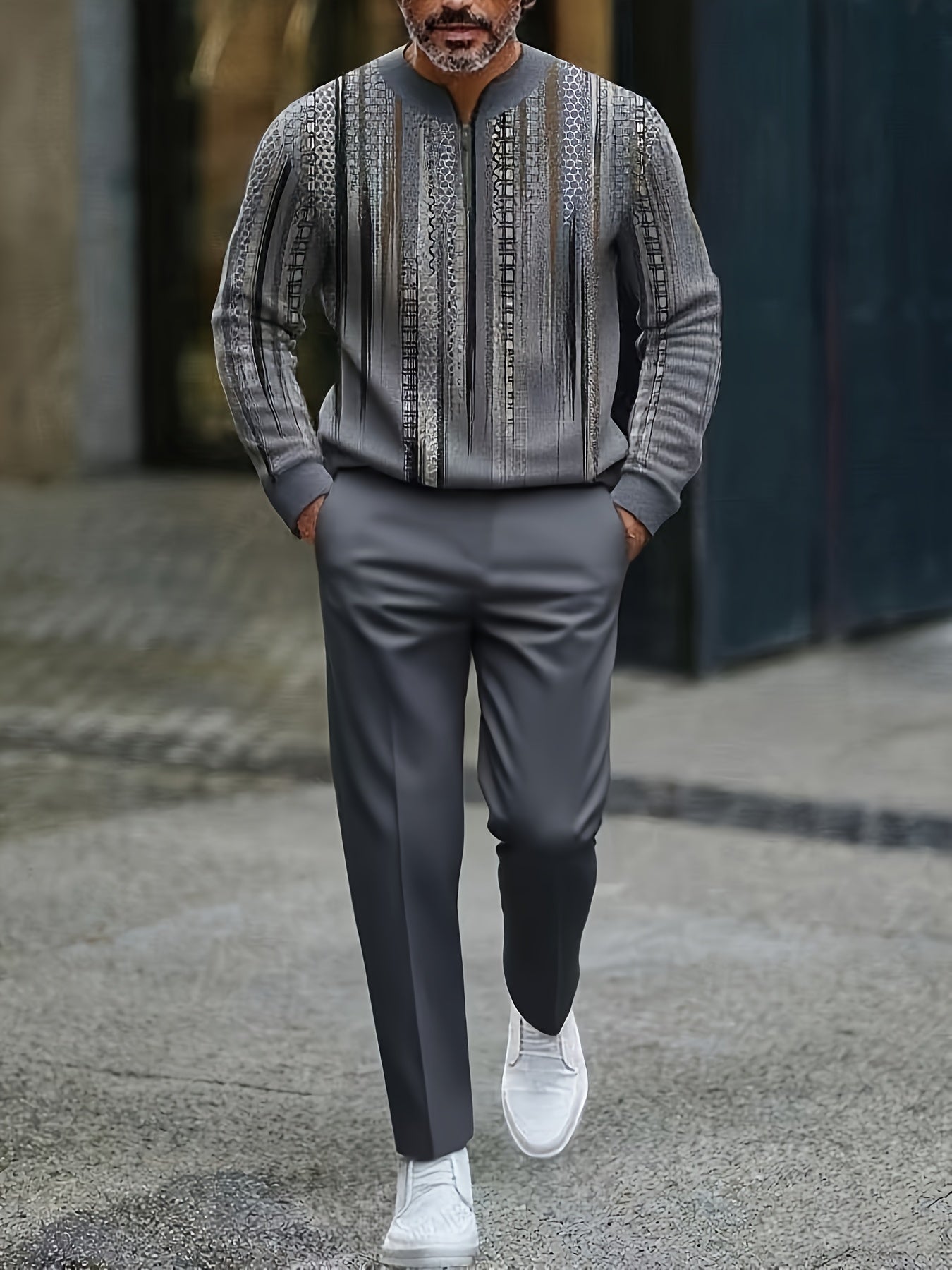 Men's Casual Color Matching Printed Round-Neck Zipper Long Sleeved Trousers Two-Piece Set