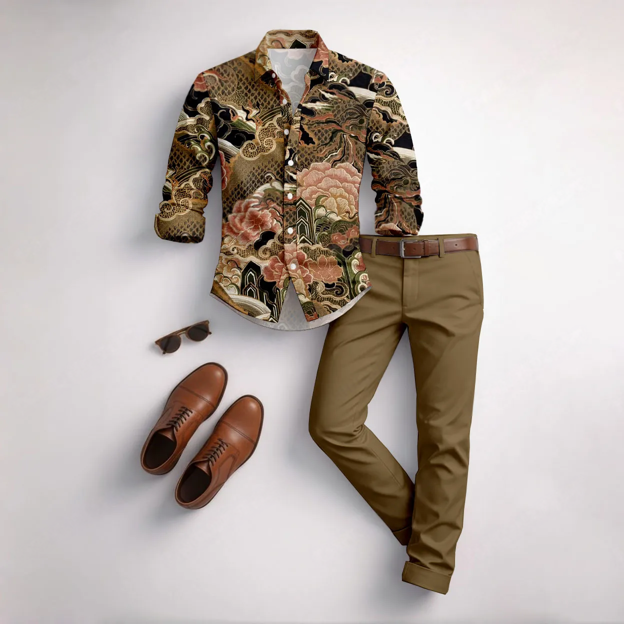 Men's Casual Brown Color Matching Geometric Printed Long Sleeved Shirt & Trousers Two-Piece Set