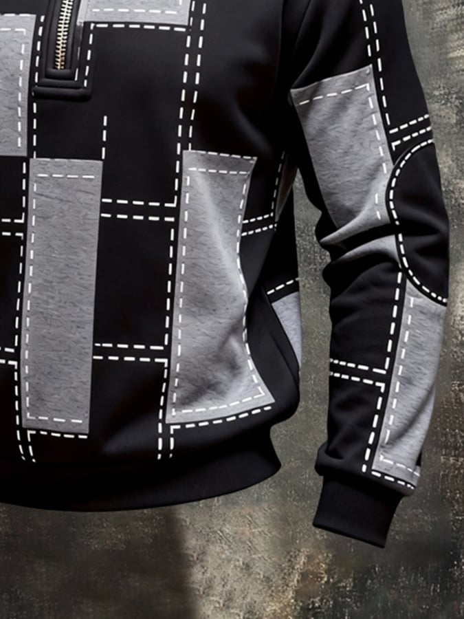 Men's Retro Color Block Print Color-Blocked Zip-Up Sweatshirt