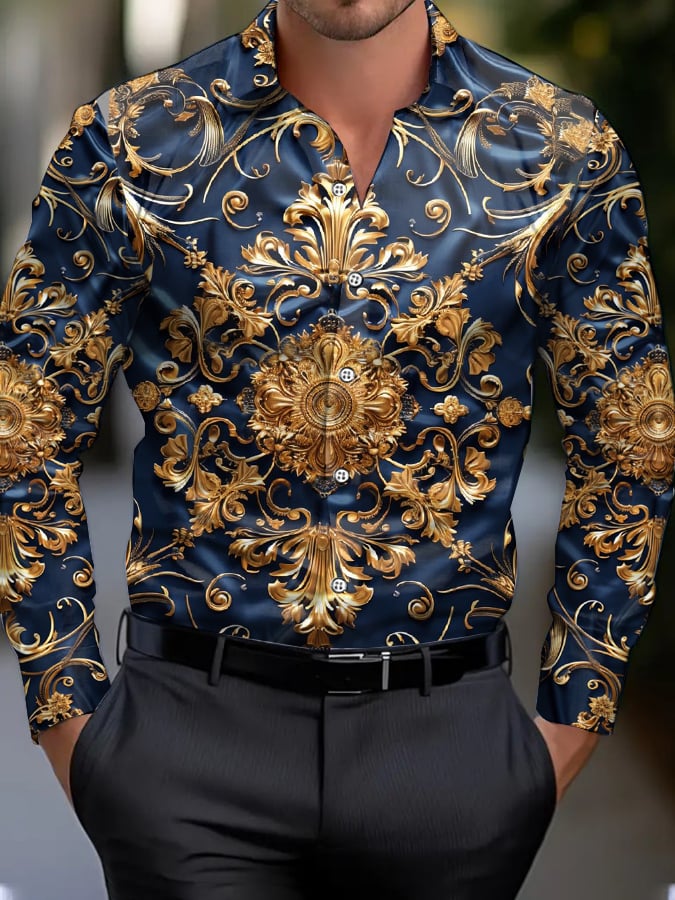 Men's Business Casual Printed Long Sleeve Shirt