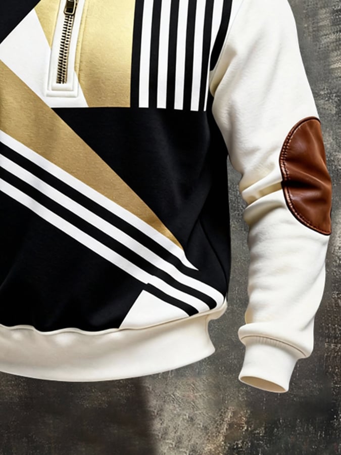 Men's Retro Color Block Print Color-Blocked Zip-Up Sweatshirt