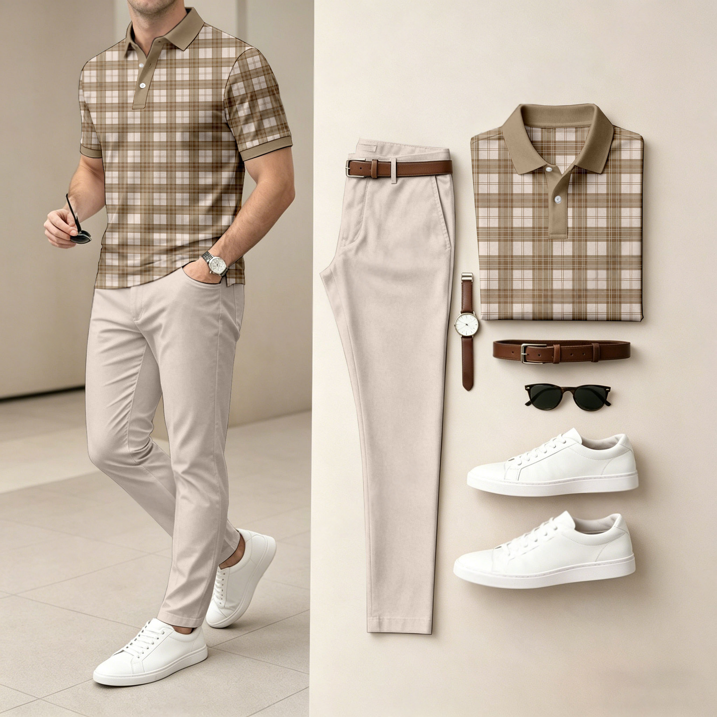 Men's Casual Checkered Print Short-Sleeve Polo Shirt And Pants Set (Excludes Accessories Such As Watches And Belts)