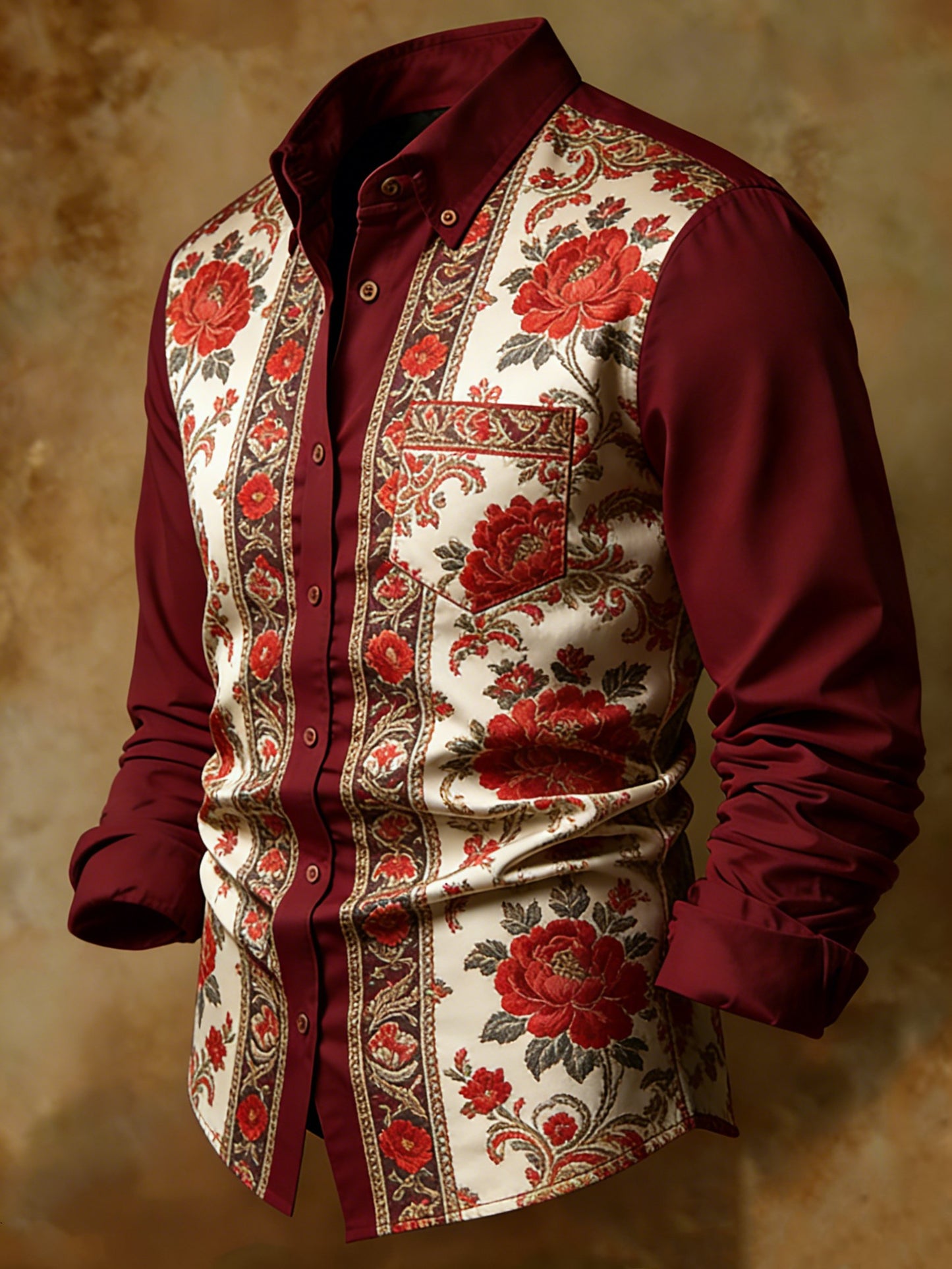Burgundy Floral Gold Border Print Business Shirt